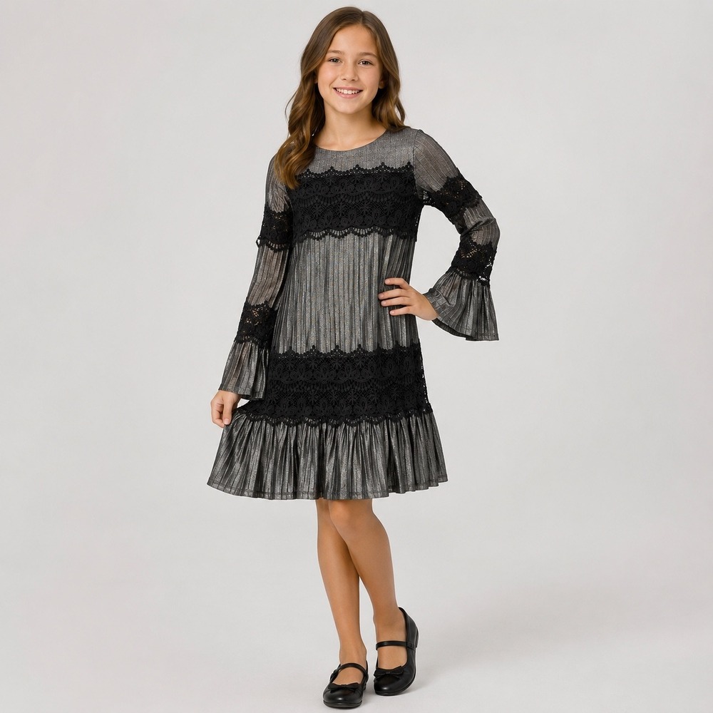 GB Girls Silver Metallic Lace Bell Sleeve Party Dress Girls Medium